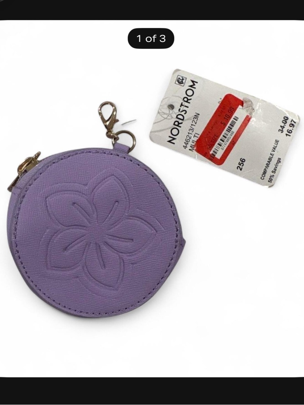 Nordstrom Lavender Floral Embossed Round Coin Pouch with Clasp
